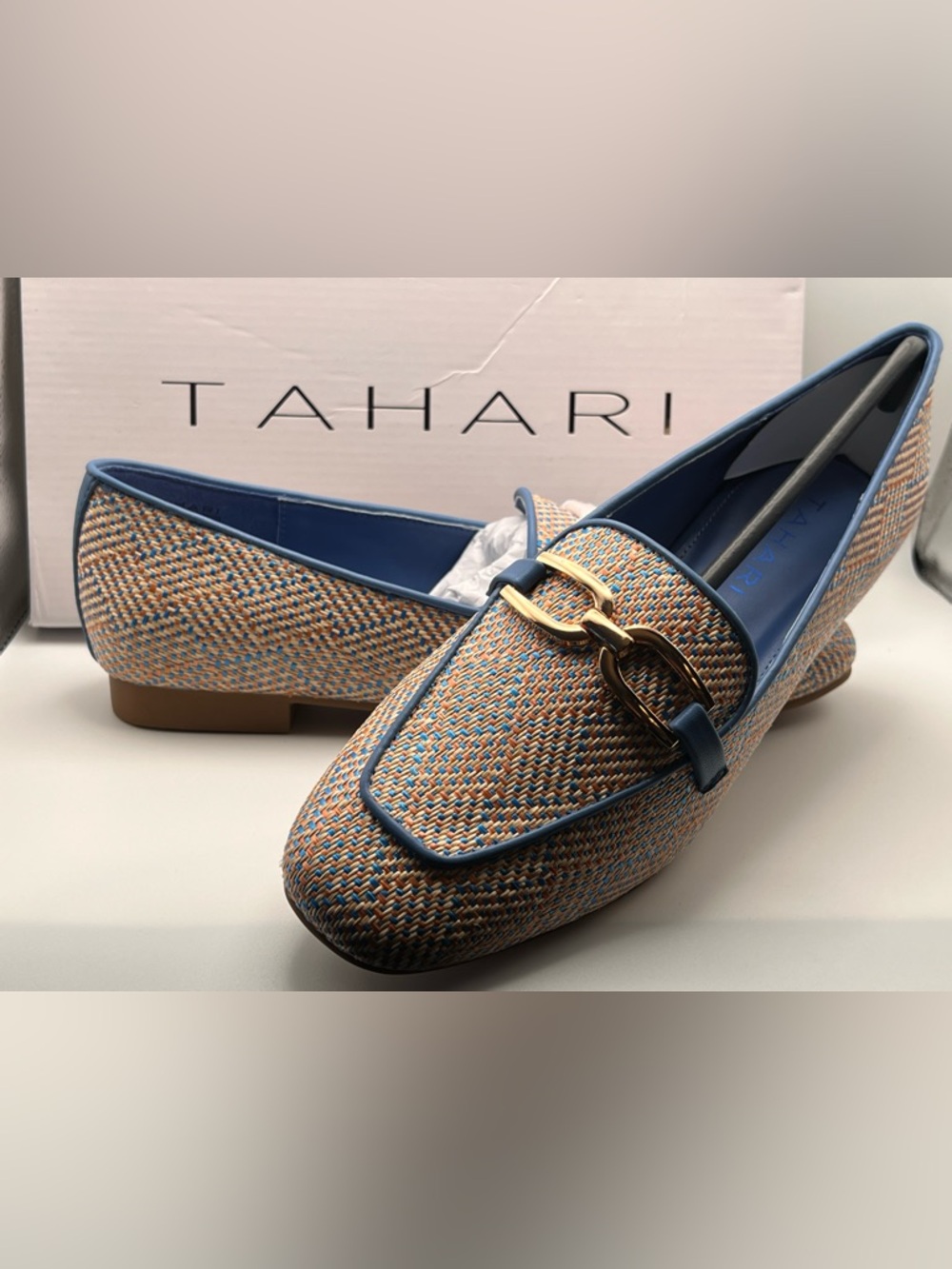 Tahari Blue and Tan Woven Loafers with Gold Bit Accent